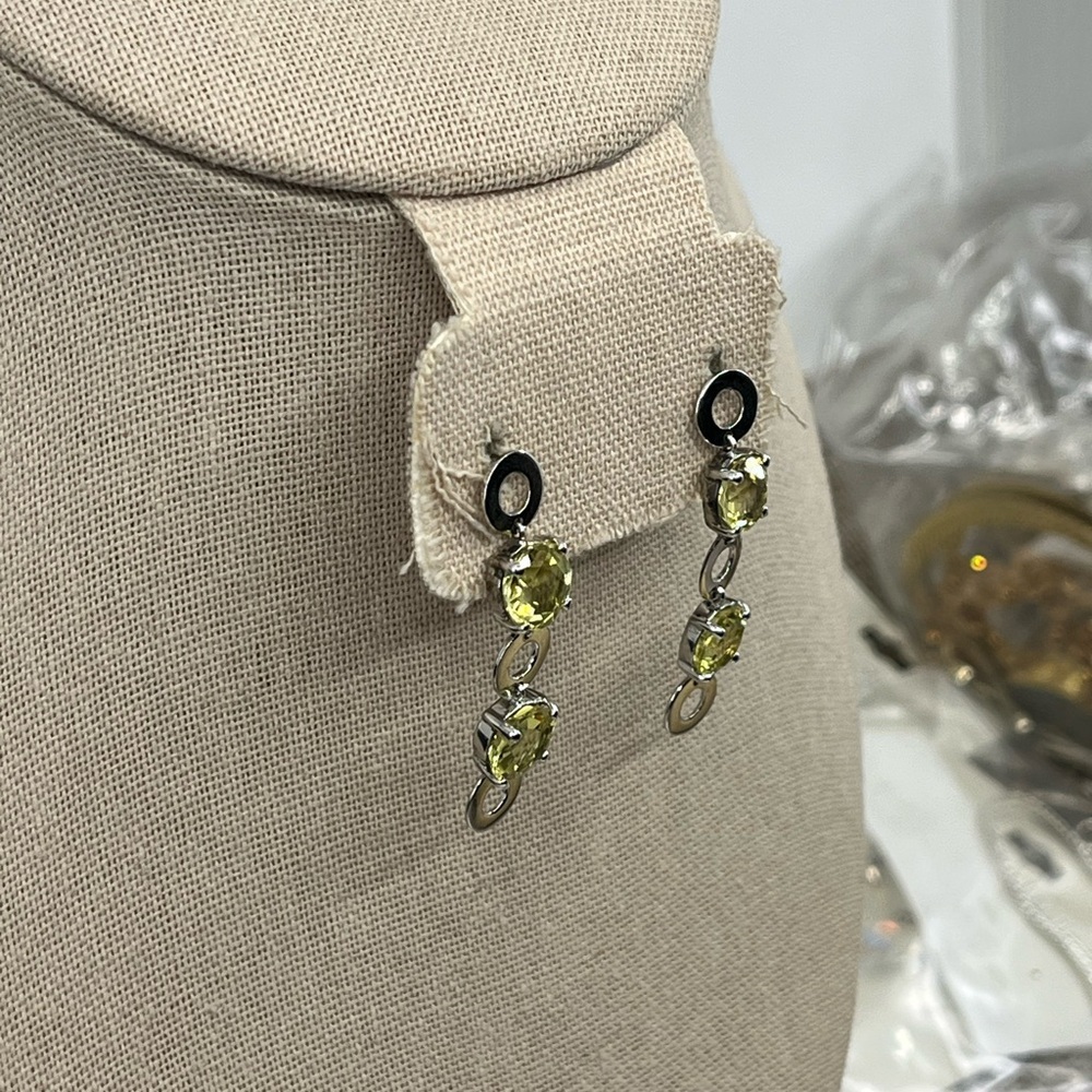 Vintage KN 925 Sterling Silver Yellow-Green Gemstone Dangle Earrings - Picture 10 of 17